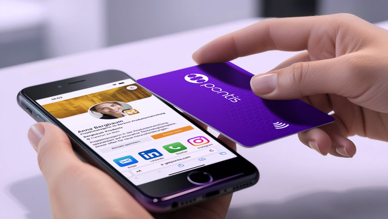 Pontis physische NFC Business Card - Teile dein Profil per Apple Wallet, QR Code oder Link
